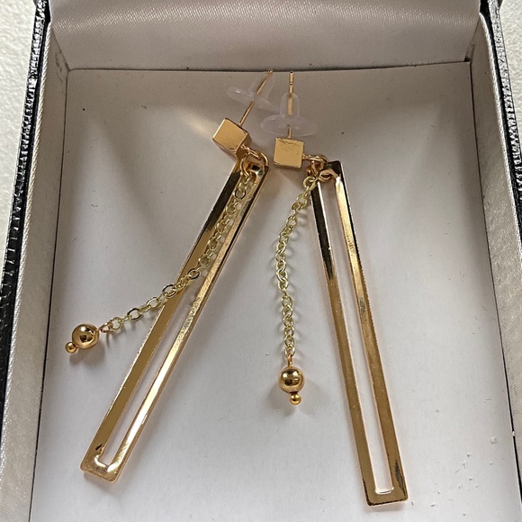 SALE..Unique Earrings. Long Rectangle Earrings, Dangling Chains Small Gold Balls - Picture 2 of 5